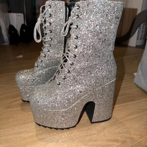 Glittering Silver Lace-Up Platform Boots
